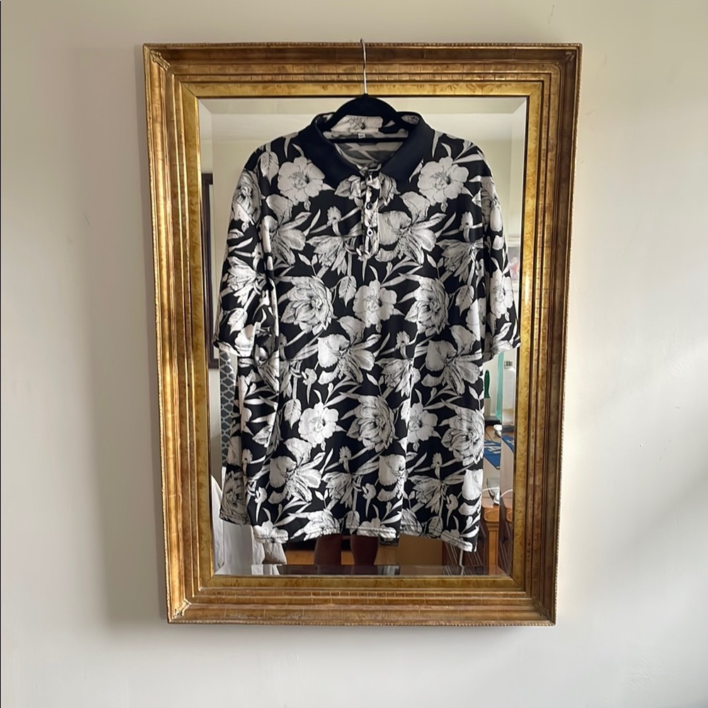 Floral Black and White Polo Shirt
